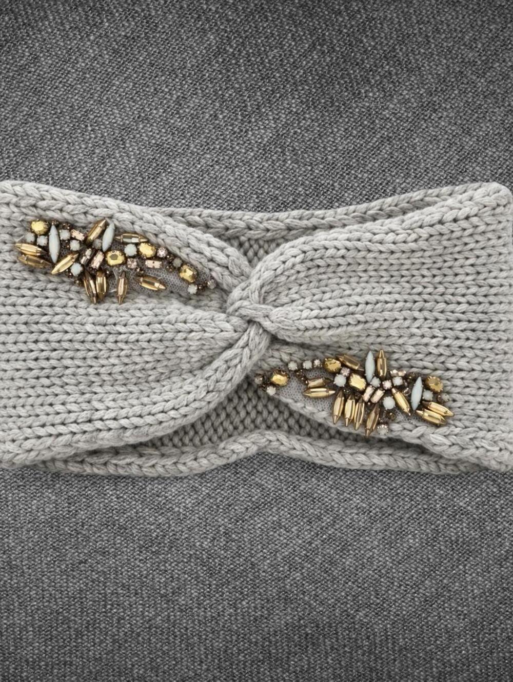 Express Gray Knit Jeweled Turban Headband One Size